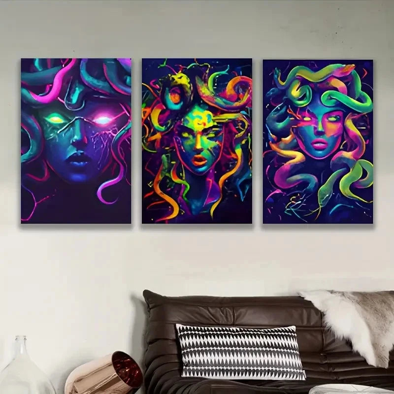 3pcs Gorgon Inspired Neon Artwork Wall Art Set Canvas Framed 40x60cm - High Quality Print 100% Australian Made Wall Canvas Ready to Hang - Bella Home Decor
