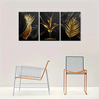 3pcs Palm Leaf Black and Golden Abstract Painting Metal Print Ready to Hang Art