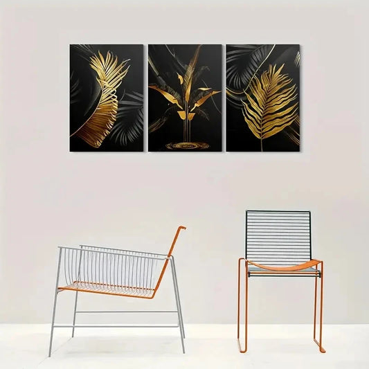 3pcs Palm Leaf Black and Golden Abstract Painting Metal Print Ready to Hang Art