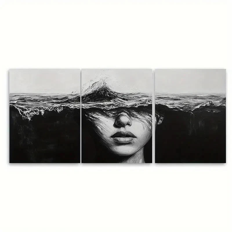 3pcs Abstract Lady Face Black And White Ocean Wall Art Set Canvas Framed 40x60cm - High Quality Print 100% Australian Made Wall Canvas Ready to Hang - Bella Home Decor