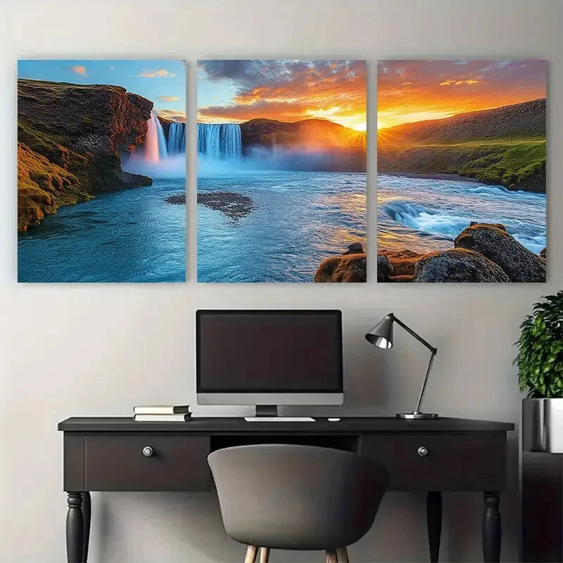 3pcs Serene Iceland Waterfall Godafoss at Sunset Metal Print Ready to Hang Art - Bella Home Decor