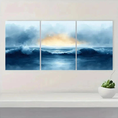 3pcs Ocean Beach Painting in Watercolor Style Metal Print Ready to Hang Art - Bella Home Decor