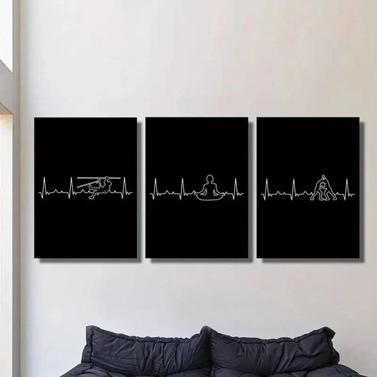 3pcs climbing, wrestling, yoga poses, simple EKG Metal Print Ready to Hang Art