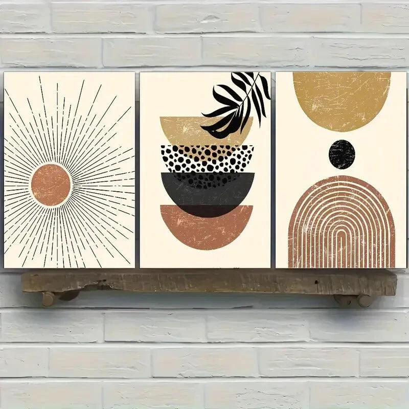 3pcs Sun Plant and Bauhaus Bohemian Style Metal Print Ready to Hang Art - Bella Home Decor