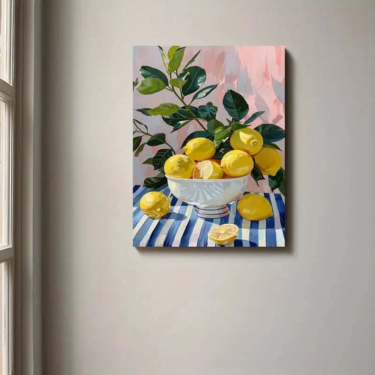 Yellow Lemon & Blue White Tablecloths Painting 40x60cm Metal Print Ready to Hang