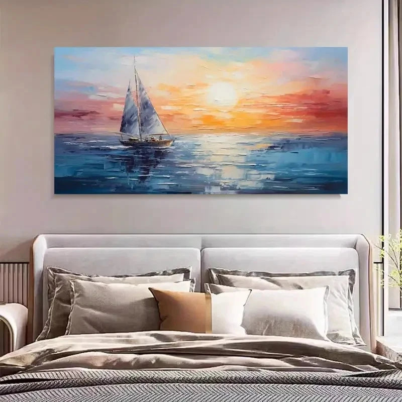 Impressionist Sailboat Sunset Wall Art Canvas Office Home Room Framed 120x60cm