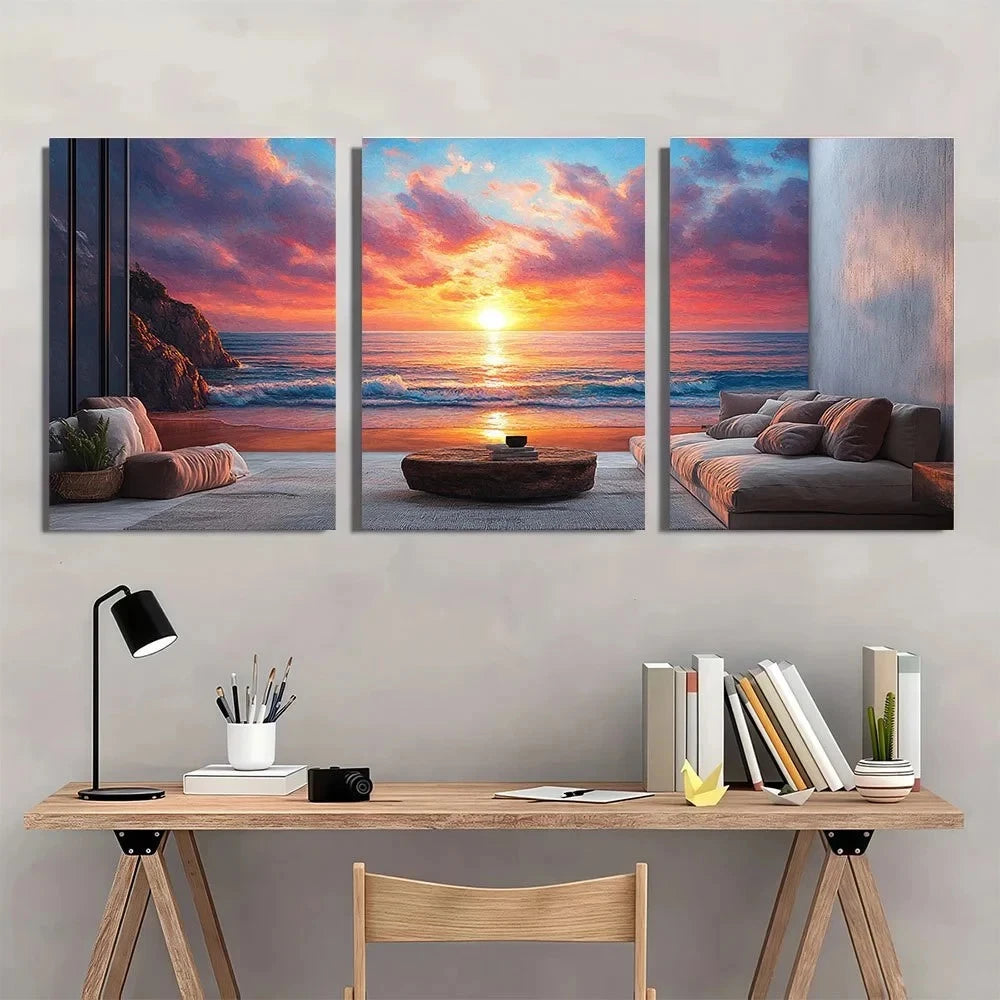 3pcs Seascape Oil Painting Sunset Ocean Metal Print Ready to Hang Art - Bella Home Decor