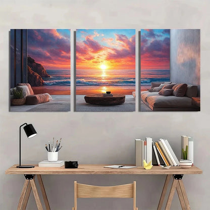 3pcs Seascape Oil Painting Sunset Ocean Metal Print Ready to Hang Art - Bella Home Decor