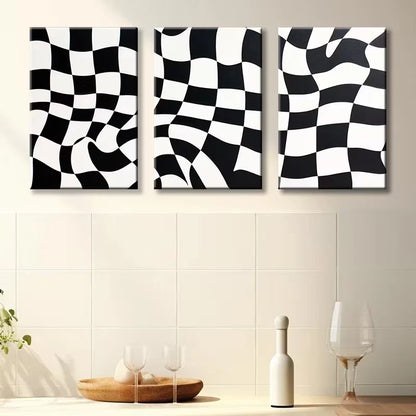 3pcs Black and White Checkered Pattern Wall Art Set Canvas Framed 50x70cm - High Quality Print 100% Australian Made Wall Canvas Ready to Hang - Bella Home Decor