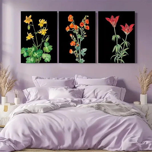 3pcs Vibrant Wildflower Black Botanical Prints Metal Print Ready to Hang Art