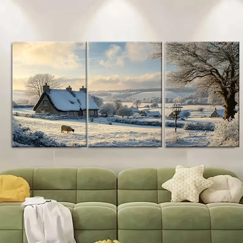 3pcs Pastoral Scene of the Cotswolds in Winter Metal Print Ready to Hang Art