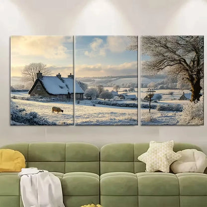 3pcs Pastoral Scene of the Cotswolds in Winter Metal Print Ready to Hang Art