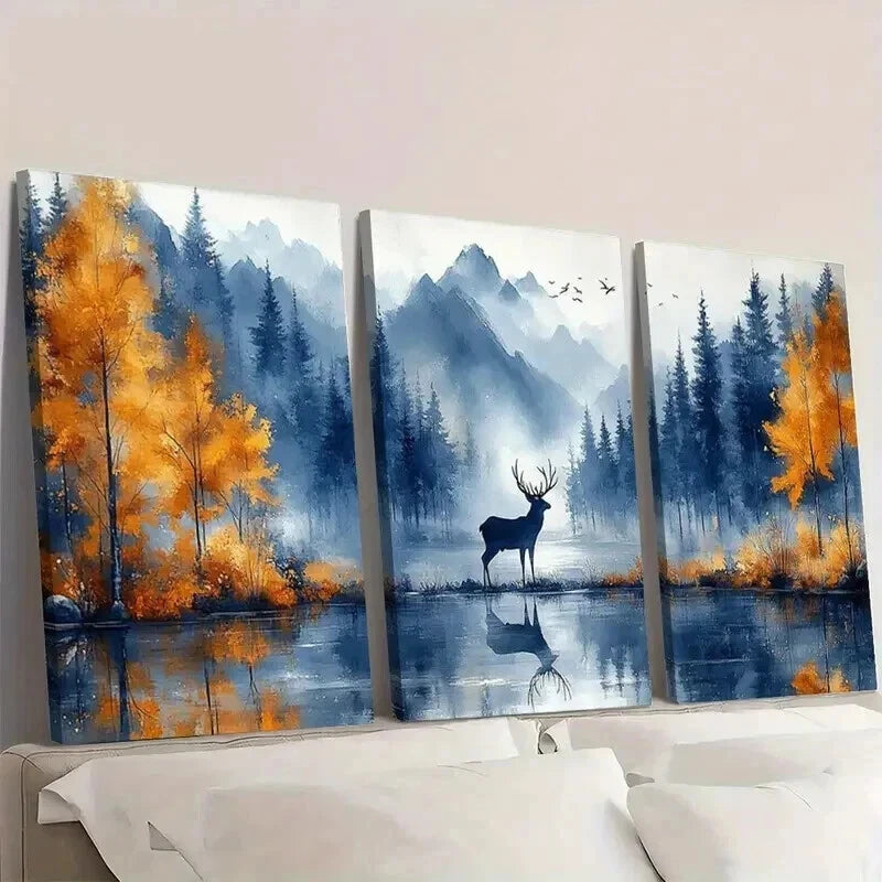 3pcs Deer Scene with Vibrant Orange & Blue Trees Wall Art Set Canvas Framed 40x60cm - High Quality Print 100% Australian Made Wall Canvas Ready to Hang - Bella Home Decor