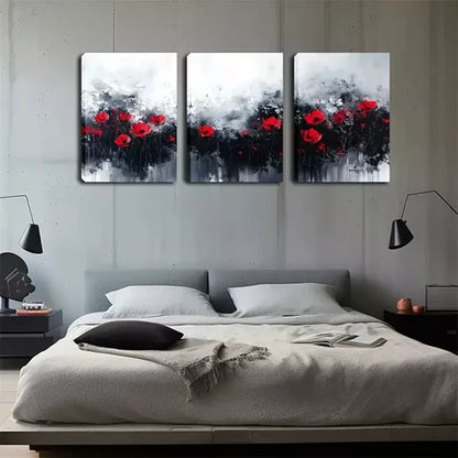 3pcs Black And White Background, Red Flowers Wall Art Set Wall Art Canvas Unframed - High Quality Print 100% Australian Made Wall Canvas - Bella Home Decor