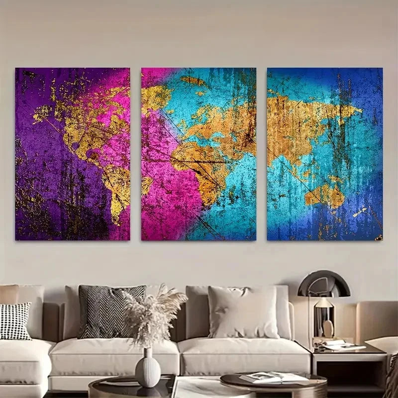 3pcs Vibrant World Map Art Panels Metal Print Ready to Hang Art