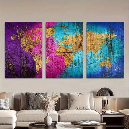 3pcs Vibrant World Map Art Panels Metal Print Ready to Hang Art