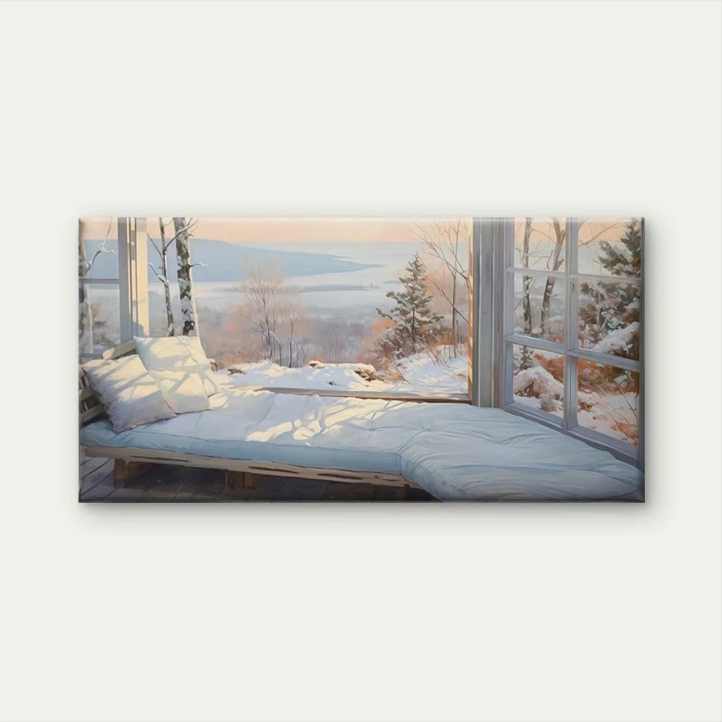 Cozy Snowy Cabin Window View Wall Art Canvas Office Home Room Framed 120x60cm