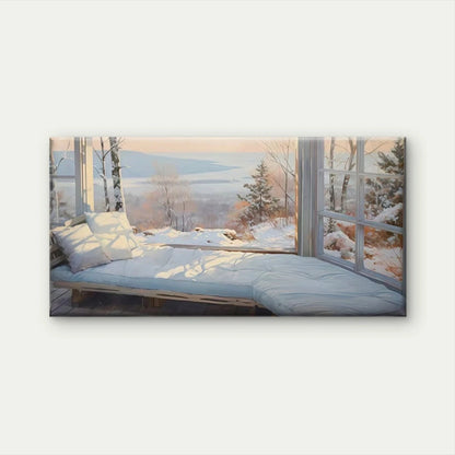 Cozy Snowy Cabin Window View Wall Art Canvas Office Home Room Framed 120x60cm