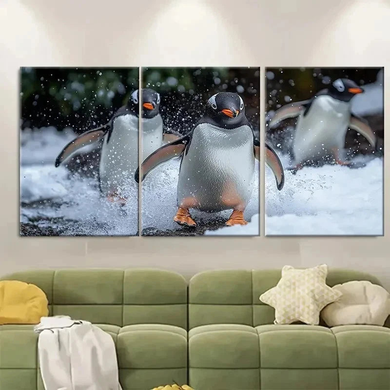 3pcs Gentoo Penguins Playing in Antarctica e    Wall Art Set Canvas Framed 60x90cm - High Quality Print 100% Australian Made Wall Canvas Ready to Hang - Bella Home Decor
