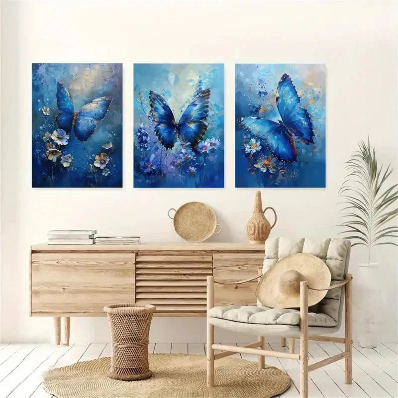 3pcs Blue Butterfly and Floral Metal Print Ready to Hang Art - Bella Home Decor