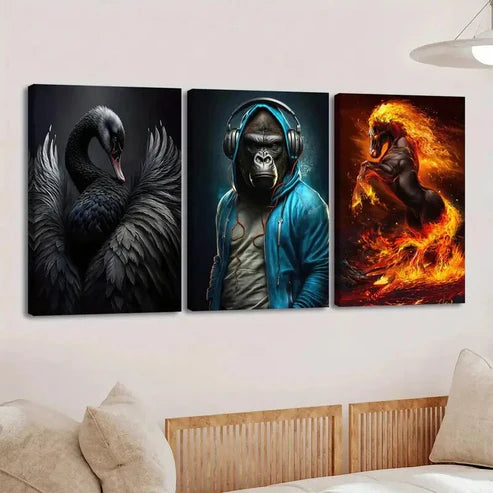 3pcs Various Animals Black Duck Blue Monkey Gold Wall Art Set Canvas Unframed - High Quality Print 100% Australian Made Wall Canvas