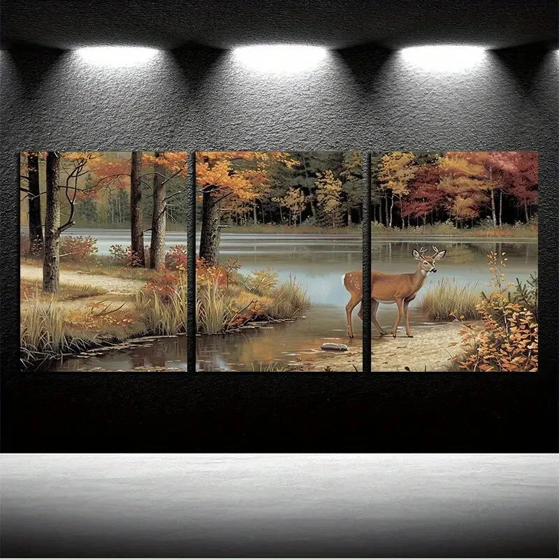 3pcs Autumn Forest Deer with Lake Scene Metal Print Ready to Hang Art - Bella Home Decor