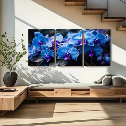 3pcs Blue Phalaenopsis Flowers with Dewdrops Wall Art Set Canvas Framed 60x90cm - High Quality Print 100% Australian Made Wall Canvas Ready to Hang - Bella Home Decor