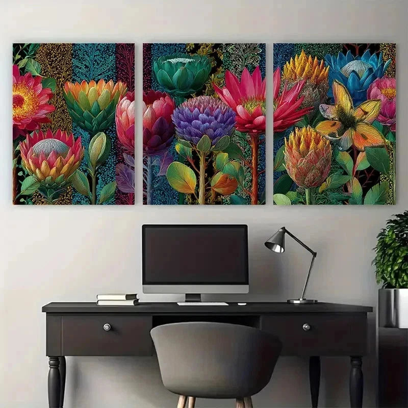 3pcs Nature Colorful Maximalist Floral Perfect Wall Art Set Canvas Framed 50x70cm - High Quality Print 100% Australian Made Wall Canvas Ready to Hang