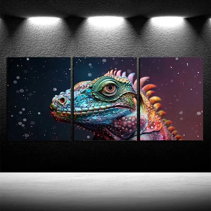 3pcs Colorful Chameleon Closeup View Illustration Metal Print Ready to Hang Art - Bella Home Decor