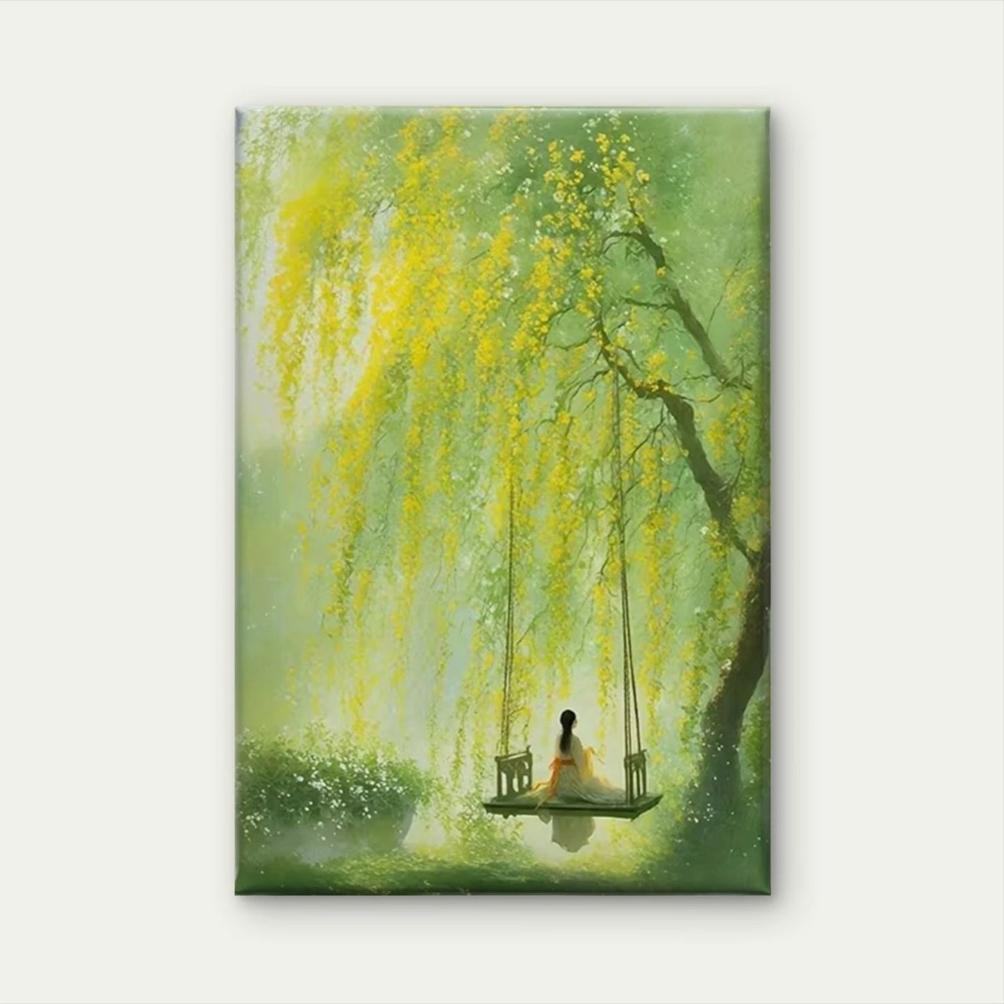 Woman Swinging Under Blossoming Tree  60x90cm Metal Print Ready to Hang