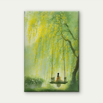 Woman Swinging Under Blossoming Tree  60x90cm Metal Print Ready to Hang