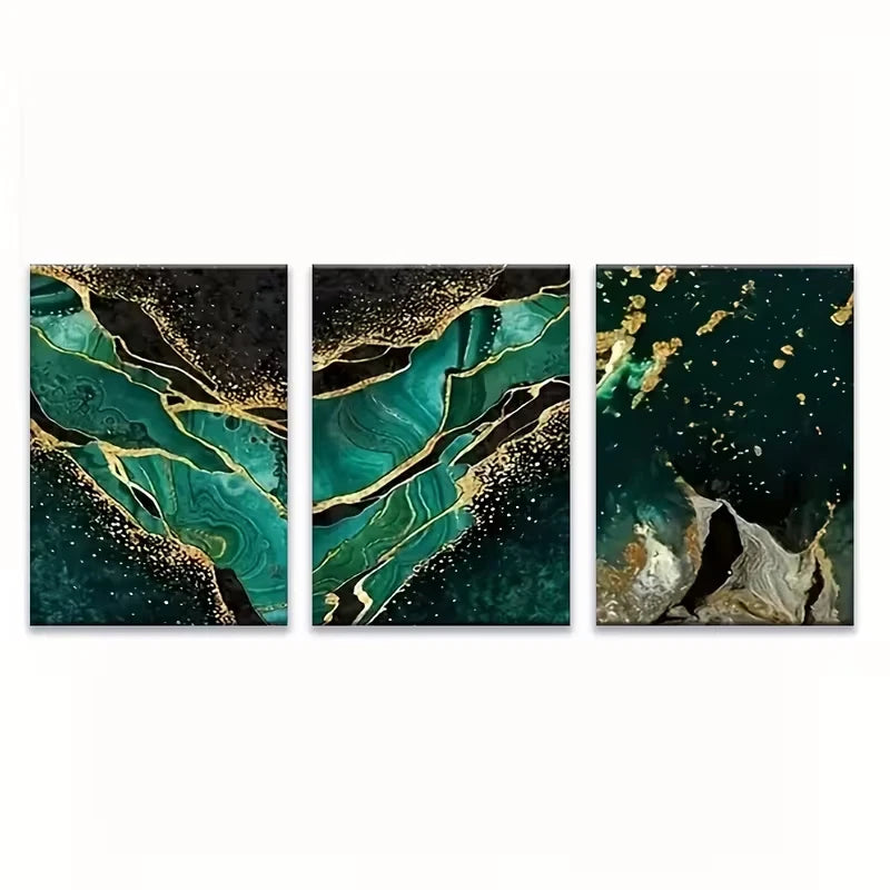 3pcs Golden Green Agate Metal Print Ready to Hang Art - Bella Home Decor