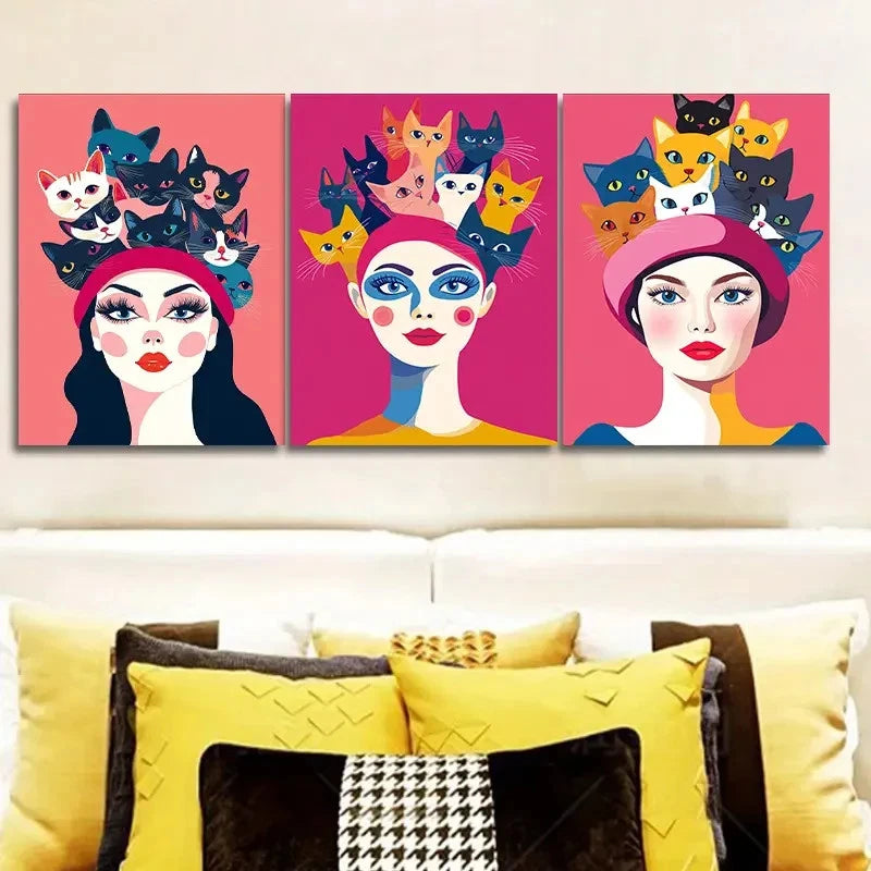 3pcs A Cat on the Head Art Painting Metal Print Ready to Hang Art - Bella Home Decor