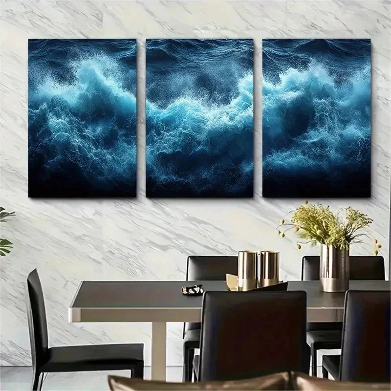 3pcs Dark Blue Ocean Wave Darkness Perfect Wall Art Set Canvas Framed 50x70cm - High Quality Print 100% Australian Made Wall Canvas Ready to Hang - Bella Home Decor