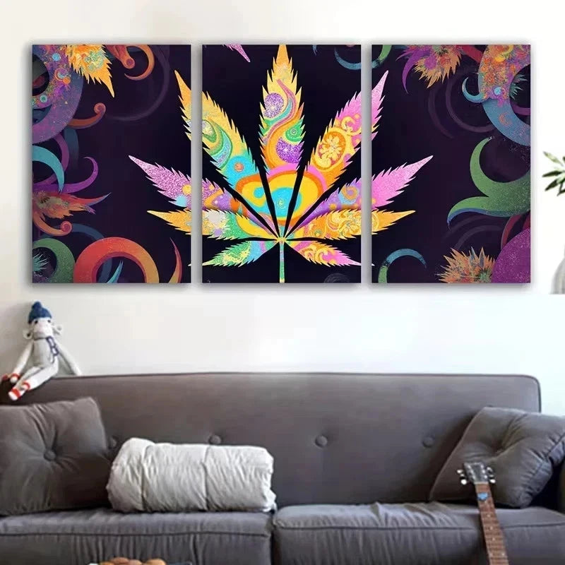 3pcs Vibrant Cannabis Leaf Painting Metal Print Ready to Hang Art