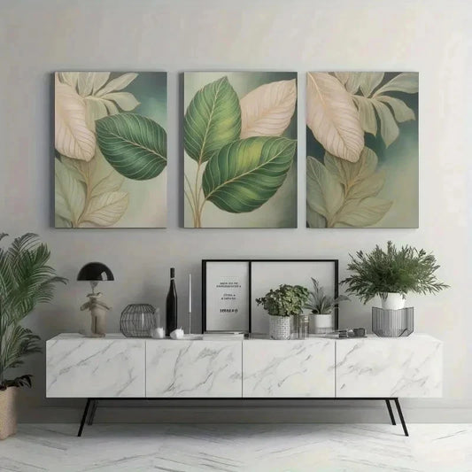 3pcs Green Tones Abstract Leaves Wall Art Set Canvas Framed 40x60cm - High Quality Print 100% Australian Made Wall Canvas Ready to Hang