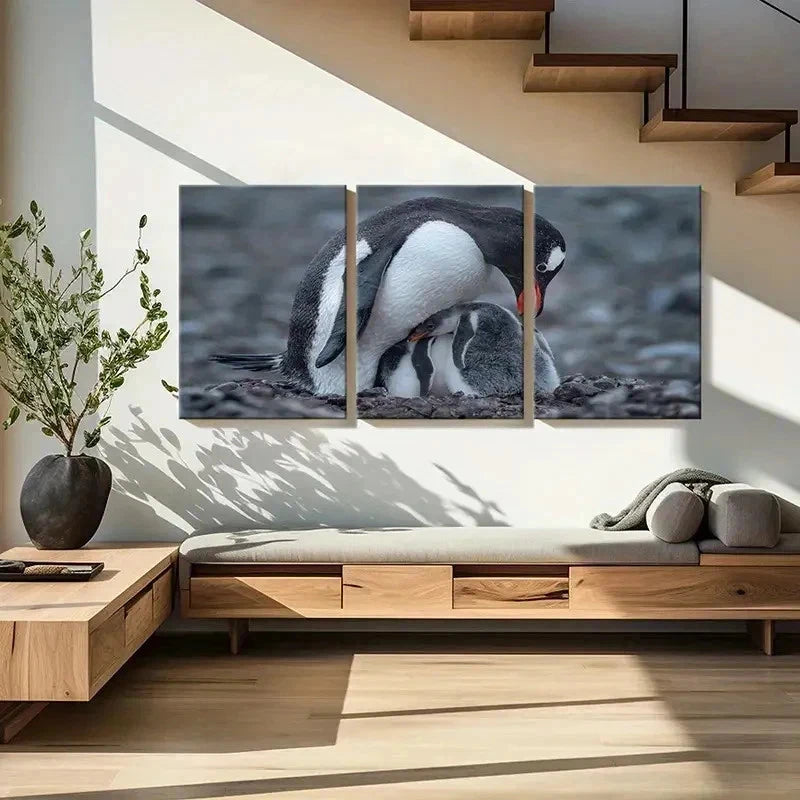 3pcs Animal Penguin Family Decoration Wall Art Set Canvas Framed 60x90cm - High Quality Print 100% Australian Made Wall Canvas Ready to Hang - Bella Home Decor