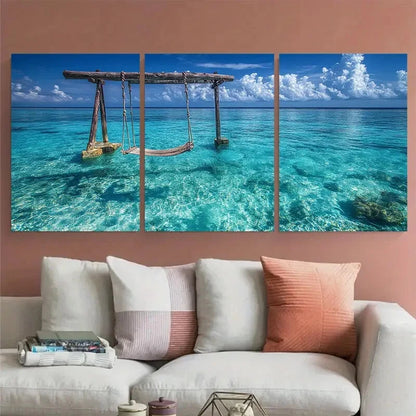 3pcs Crystal Clear Turquoise Blue Seascape Metal Print Ready to Hang Art - Bella Home Decor