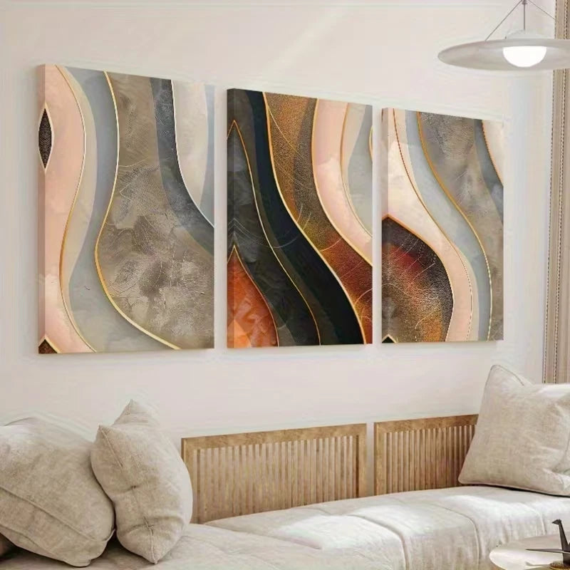 3pcs Abstract Golden Wavy Line Wall Art Set Canvas Framed 40x60cm - High Quality Print 100% Australian Made Wall Canvas Ready to Hang - Bella Home Decor