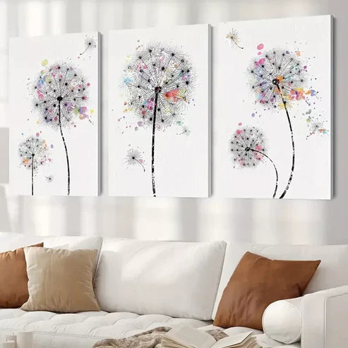 3pcs Dandelions & Watercolor Dots Floral Wilderness Drawings Wall Art Canvas Unframed - High Quality Print 100% Australian Made Wall Canvas - Bella Home Decor