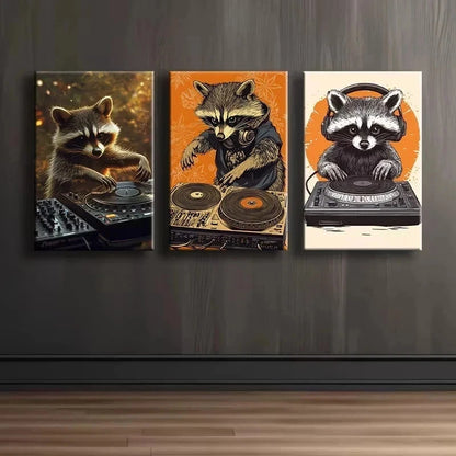 3pcs Raccoon as a DJ Funny Illustration Metal Print Ready to Hang Art