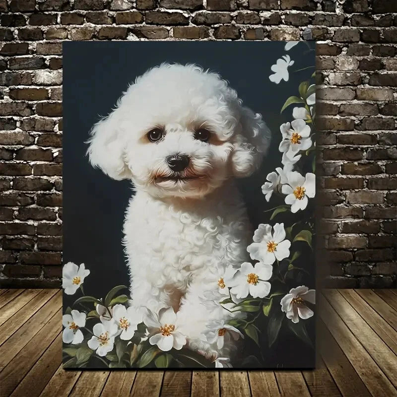 Bichon Frise & White Flowers Painting 40x60cm Metal Print Ready to Hang - Bella Home Decor