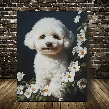 Bichon Frise & White Flowers Painting 40x60cm Metal Print Ready to Hang - Bella Home Decor