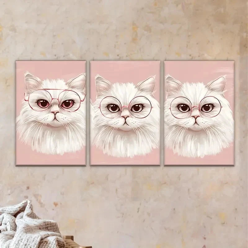 3pcs Adorable White Cats with Pink Glasses Wall Art Set Canvas Framed 50x70cm - High Quality Print 100% Australian Made Wall Canvas Ready to Hang - Bella Home Decor