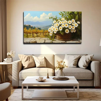 Vibrant Daisy Woven Stone Wall Wall Art Canvas Office Home Room Framed 120x60cm