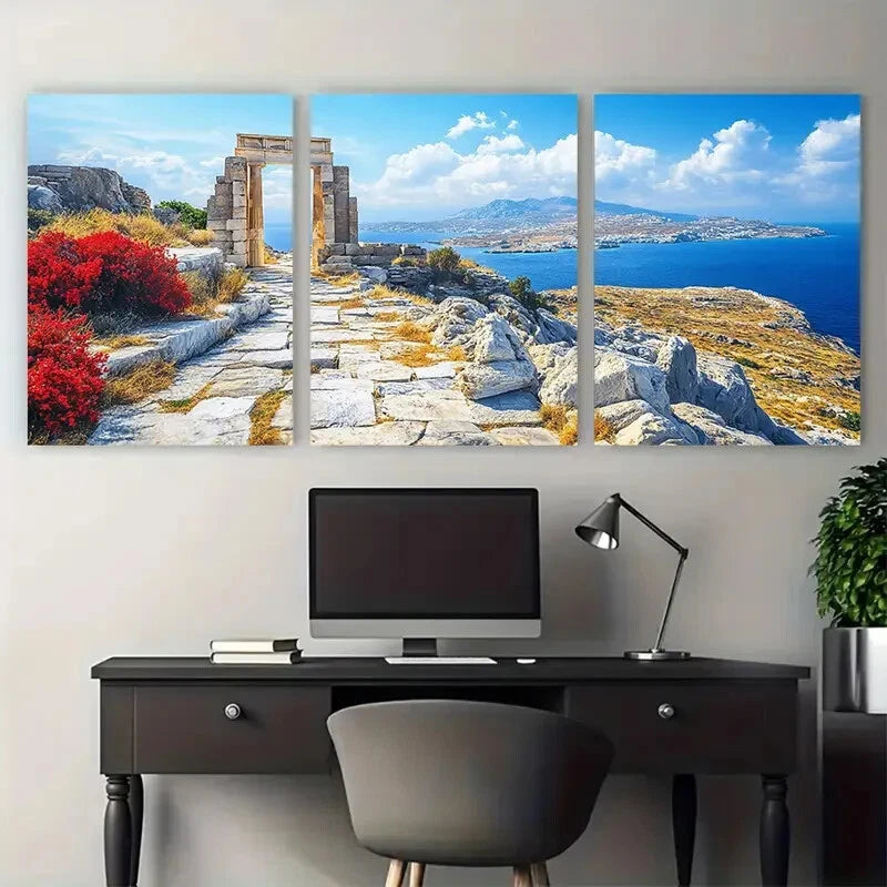 3pcs Vivid Greek Landscape with Stone Arch Metal Print Ready to Hang Art - Bella Home Decor