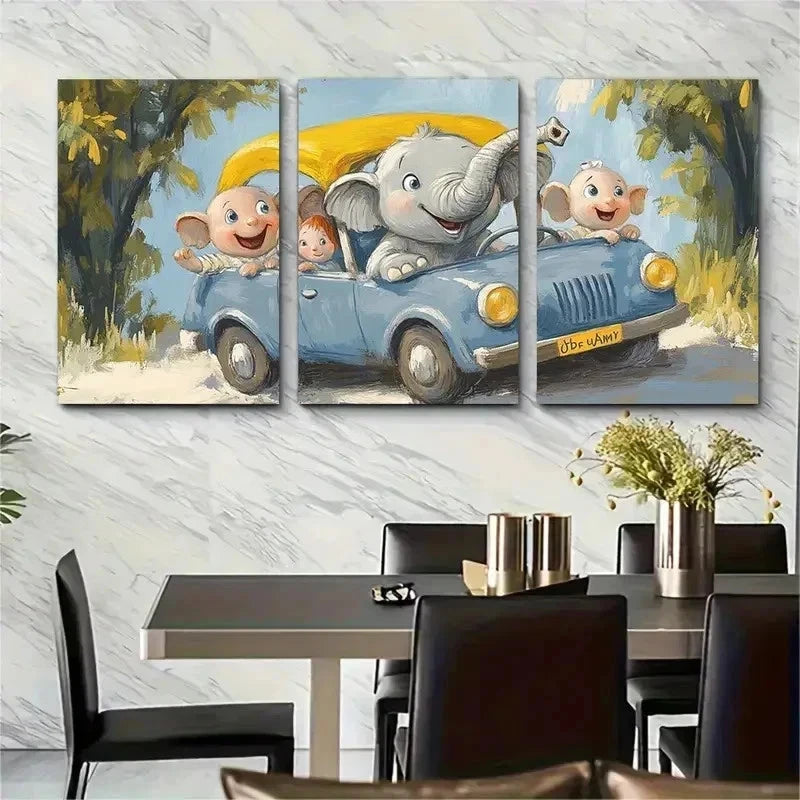3pcs Babar The Elephant In Car Perfect Wall Art Set Canvas Framed 50x70cm - High Quality Print 100% Australian Made Wall Canvas Ready to Hang - Bella Home Decor