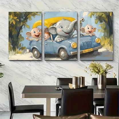 3pcs Babar The Elephant In Car Perfect Wall Art Set Canvas Framed 50x70cm - High Quality Print 100% Australian Made Wall Canvas Ready to Hang - Bella Home Decor