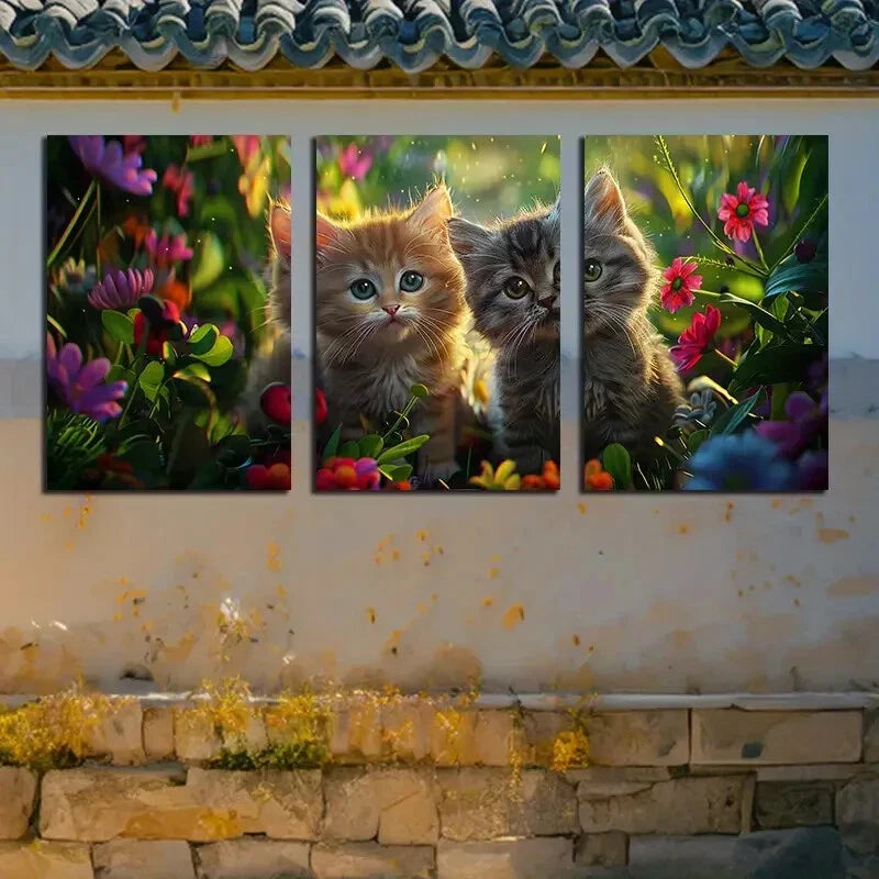 3pcs Vibrant Adorable Cats in Garden Metal Print Ready to Hang Art - Bella Home Decor