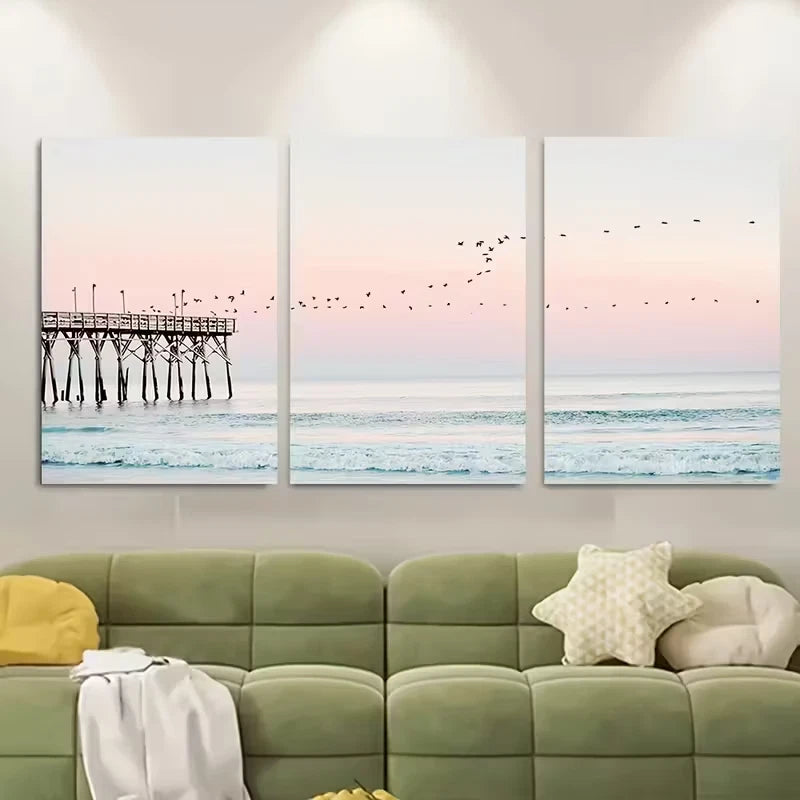 3pcs Serene Pier and Ocean Scene Metal Print Ready to Hang Art